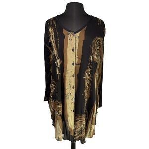 Lyng Button Up Tunic Blouse Size Med Brown Black Abstract Rayon Long‎ Sleeve NWT